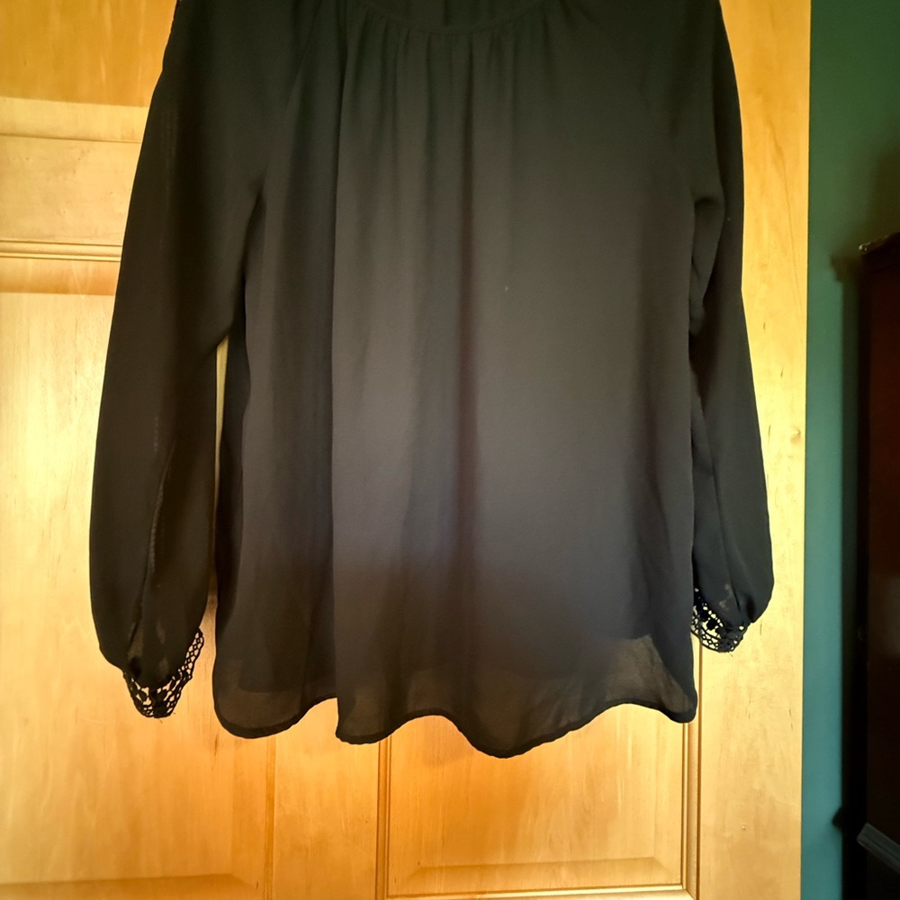 LOFT Black Sheer Blouse with Lace Cuffs